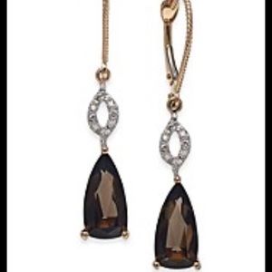 14k solid rose gold Smokey quartz diamond accent drop earrings